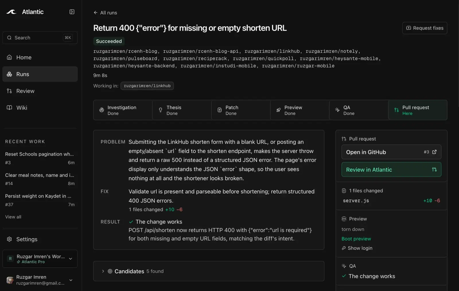 Atlantic Factory run detail for a succeeded run, showing the problem, fix and result summary, stage tabs from Investigation to Pull request, and a pull request panel with QA verdict
