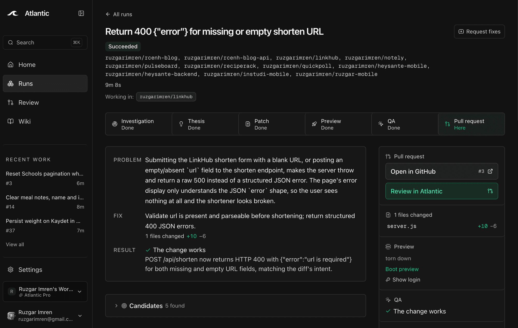 Atlantic Factory run detail for a succeeded run, showing the problem, fix and result summary, the working repository scope, and a pull request panel with QA verdict